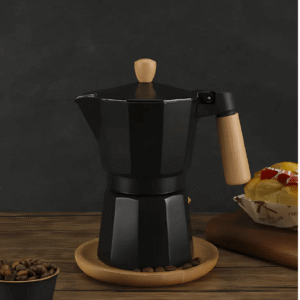 N CafetiereitalienneEnAluminiumTassesNoiravecPoigneeeffetBois