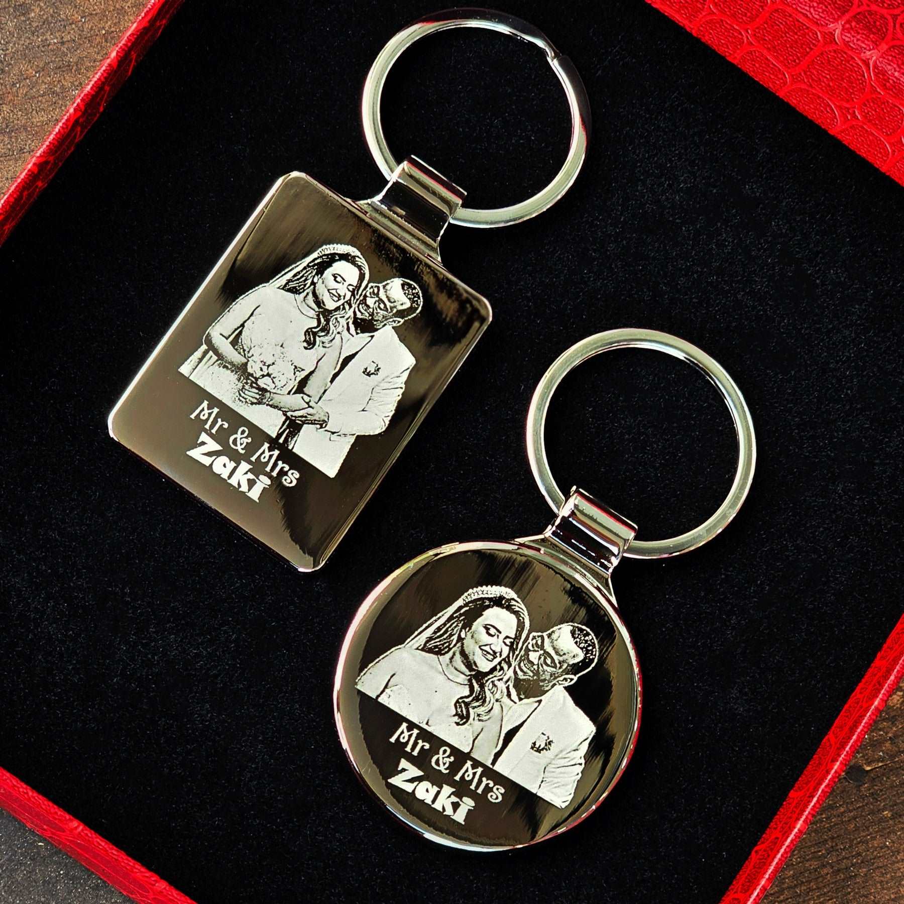 key rings with engraved photos as gift for couple