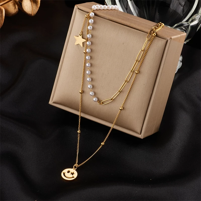 Collier Double Rang – Perles & Smiley Doré 🌟 1 CL FN webp