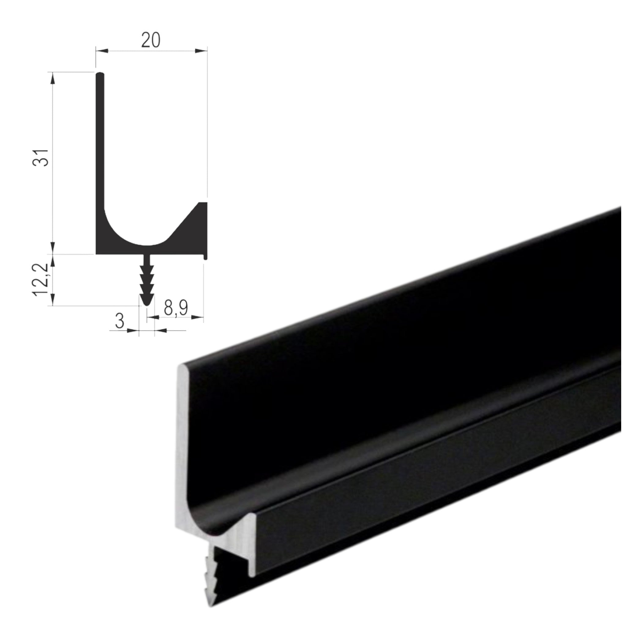 Profilé Poignée 3m Noir pour Porte et Armoire 1 M R POIGNEE PROFILE