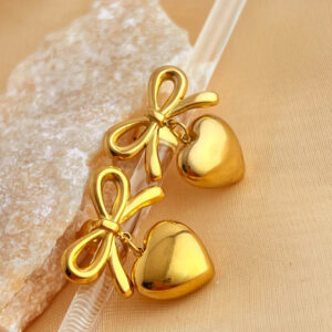PVD Coated Real Gold Plated K Gold Heart Shape Bow Knot Stainless Steel Elegant Glam Luxurious Waterproof Non Tarnish Dangling Earrings display picture