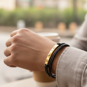 bracelet homme cuir tresse noir plaque doree
