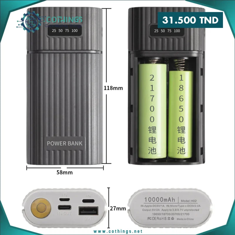 Chargeur batterie power-bank pour pile 18650 / 20700 avec 3 ports USB type-C d’entrée avec lampe de poche LED( sans batteries ) 1 chargeur batterie power bank pile ports usb type c dentree