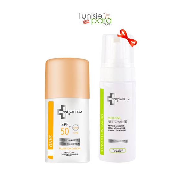 Innovaderm coffret Fond de Teint FLUID Minéral Ivory 01 SPF50+ + INNOVADERM Mousse Nettoyante Peau Mixte à Grasse 150ML (OFFERT) 1 coffret jpg