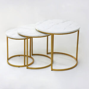 ENSEMBLE DE TROIS TABLES GIGOGNES RONDES MARBRE SOCLE DORE