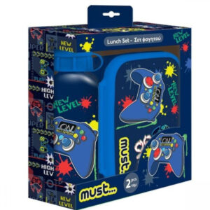 kit lunch box et bouteille d eau must team game over bleu