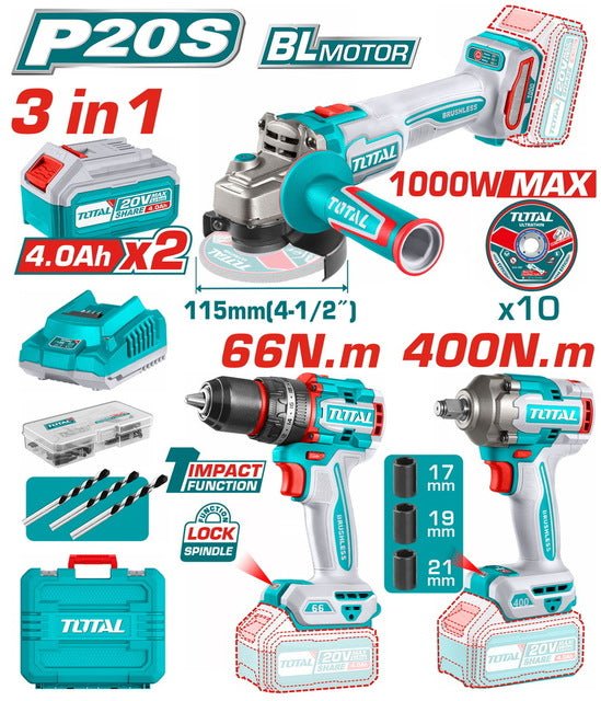 Kit Outillage 3 En 1 Total P20S Brushless 20V 2x4Ah Perceuse Clé À Chocs Meuleuse Sans Fil TOSLI241291 1 kit outillage en total ps brushless v xah perceuse cle a chocs meuleuse sans fil