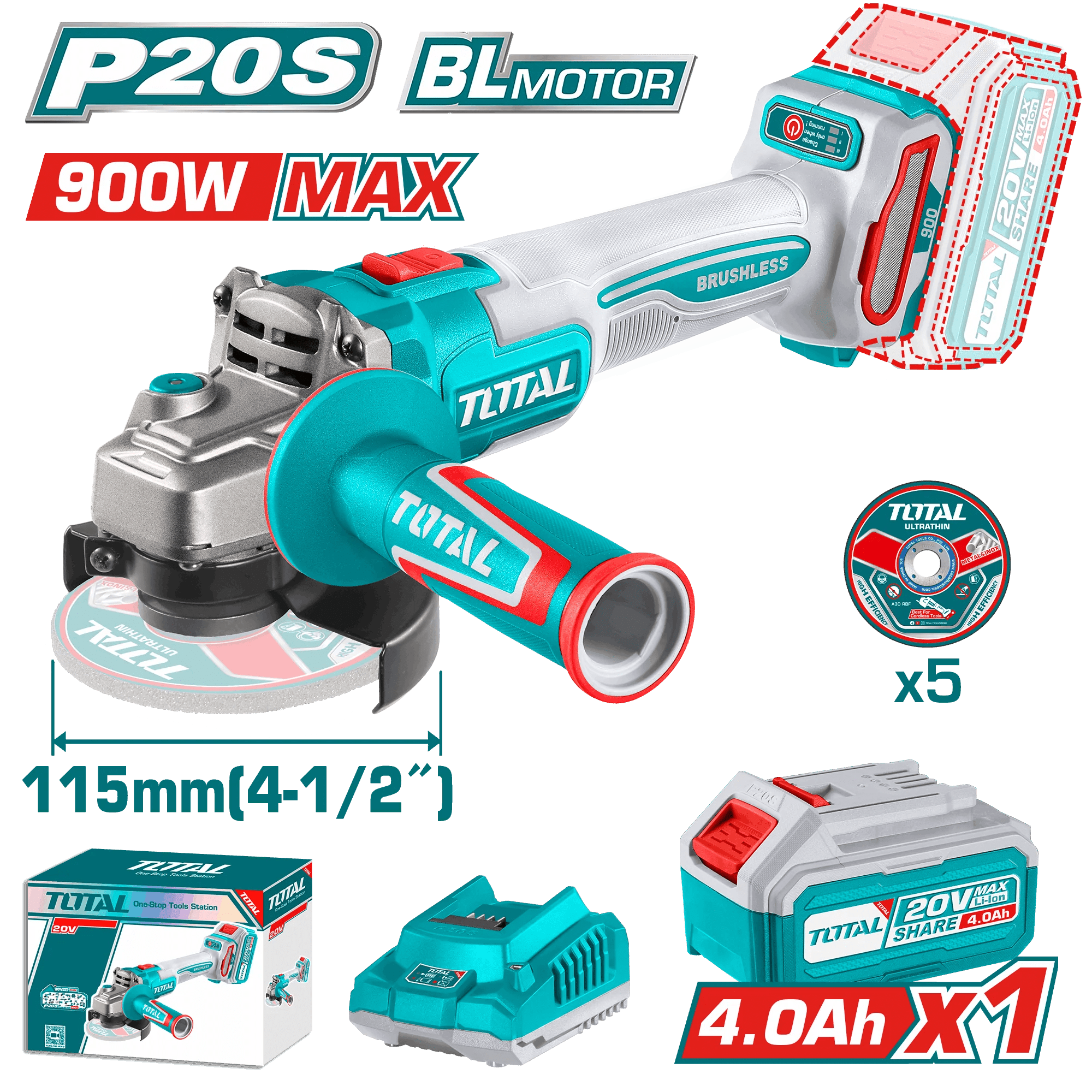 Meuleuse Angle Brushless 20V P20S 4Ah 115 Mm TOTAL TAGLI261521 1 meuleuse angle brushless v ps ah mm total