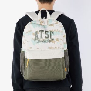 sac a dos vert kaki et blanc style urbain avec inscription ATSC