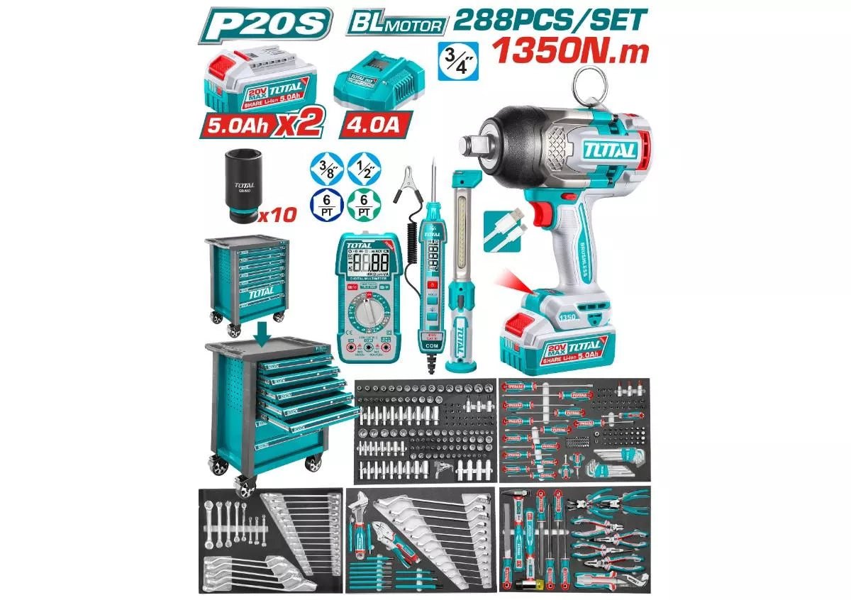TOTAL P20S Coffret 288P 20V Brushless Clé À Choc Sans Fil Servante THPTCS82882 1 total ps coffret p v brushless cle a choc sans fil servante thptcs