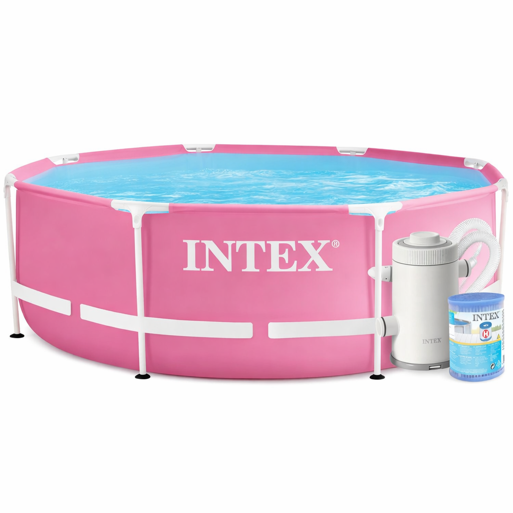 Piscine hors sol à cadre en métal rose – 244 × 76 cm + pompe Intex 28290 1 Piscine hors sol à cadre en métal rose – 244 × 76 cm + pompe Intex 28290