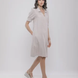 ROBE COURTE EN LIN RAYÉ À MANCHES BOUFFANTES
