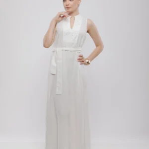 ROBE LONGUE EN LIN AVEC STRASS ET CEINTURE