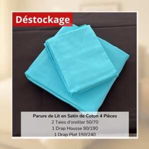Déstockage! Parure de Lit en Satin de Coton Bleu Ciel Uni 1 Place (4 Pièces)