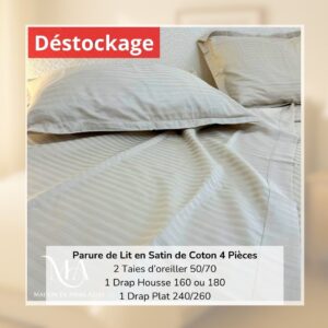 Déstockage! Parure de Lit en Satin de Coton Beige Clair 2 Places (4 Pièces)