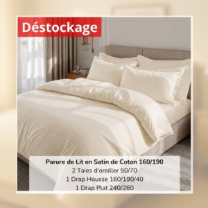Déstockage! Parure de Lit en Satin de Coton Ecru Uni 160/190 (4 Pièces)