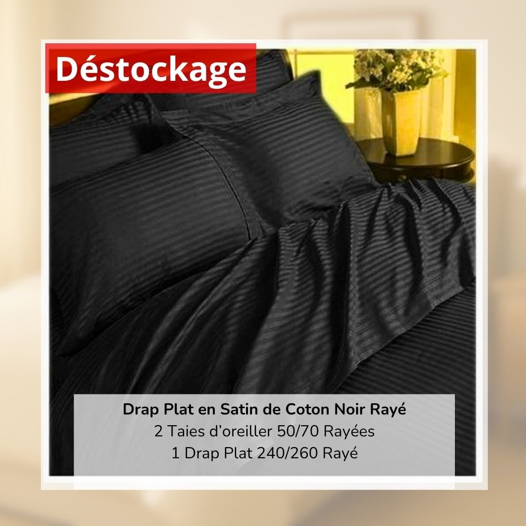 Déstockage! Drap Plat en Satin de Coton Noir Rayé 240/260 et 2 Taies 1 Déstockage! Drap Plat en Satin de Coton Noir Rayé 240/260 et 2 Taies