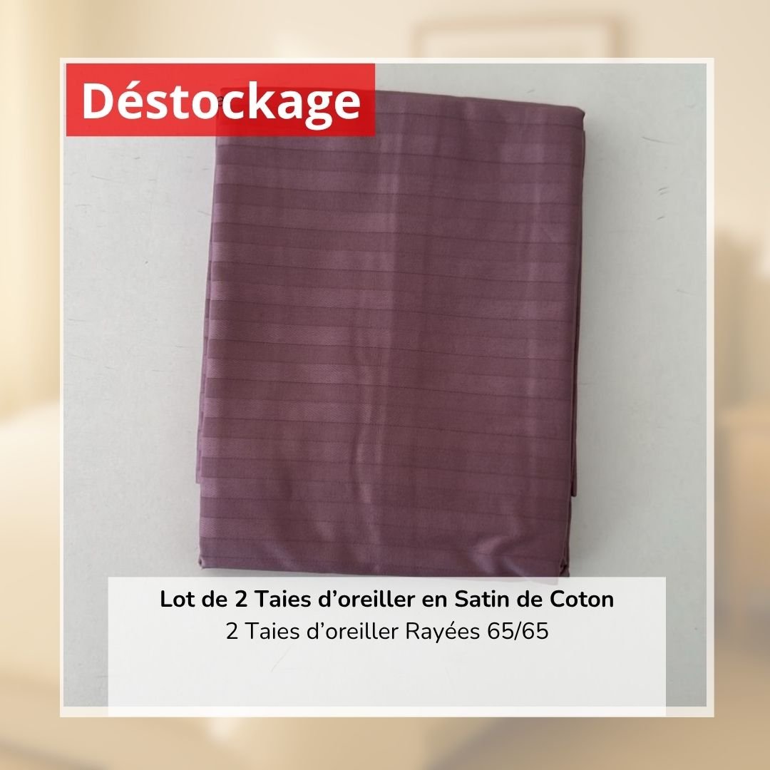 Déstockage! Lot de 2 Taies d’oreiller en Satin de Coton Parme Rayé (65/65 cm) 1 Déstockage! Lot de 2 Taies d’oreiller en Satin de Coton Parme Rayé (65/65 cm)