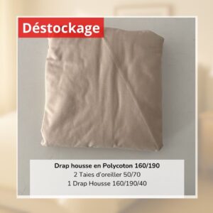 Déstockage! Drap Housse en PolyCoton Beige 160/190 et 2 Taies