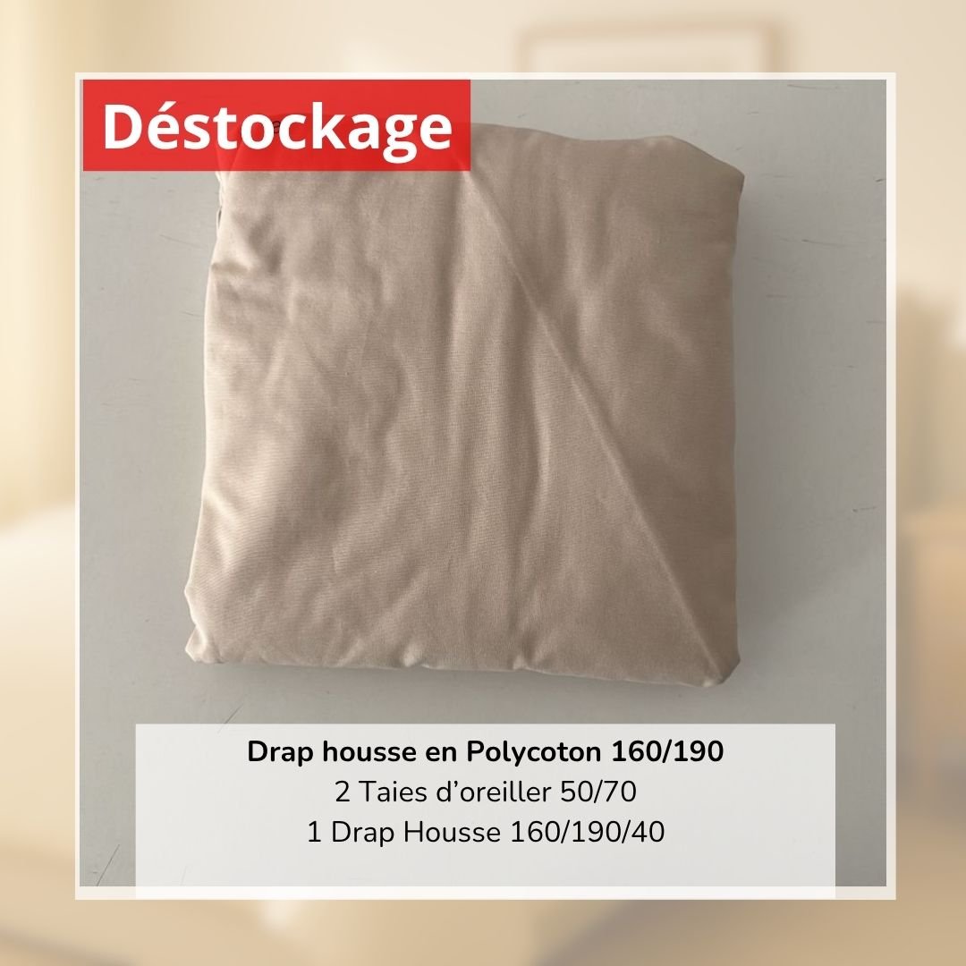 Déstockage! Drap Housse en PolyCoton Beige 160/190 et 2 Taies 1 Déstockage! Drap Housse en PolyCoton Beige 160/190 et 2 Taies