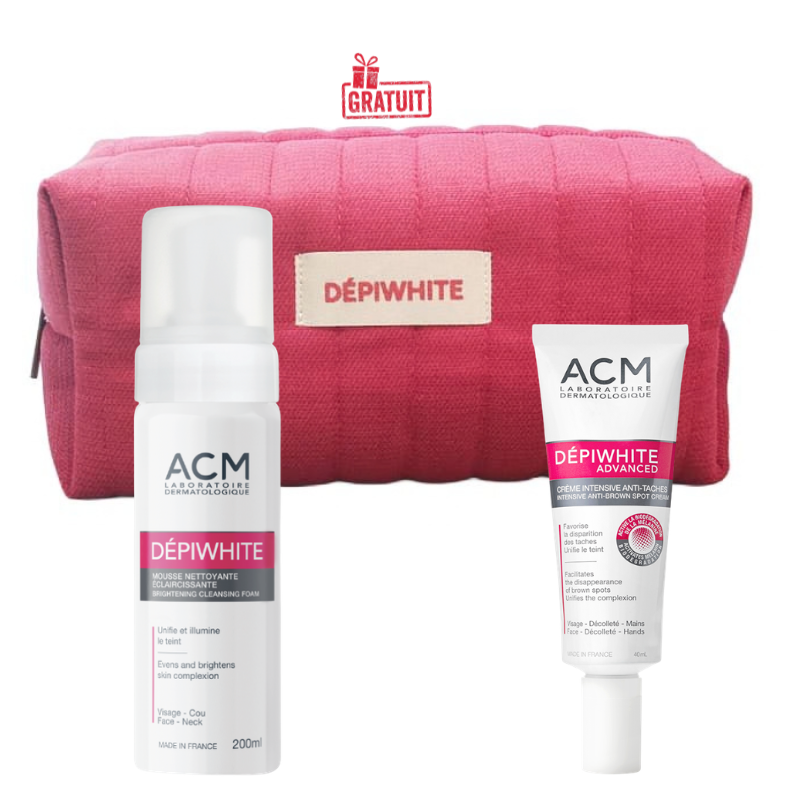 ACM DEPIWHITE MOUSSE NETTOYANTE ECLAIRCISSANTE 200ML+ADVANCED CREME DEPIGMENTANTE 40ML+TROUSSE ROSE FUCHSIA (OFFERT) 1 acm depiwhite mousse nettoyante eclaircissante mladvanced creme depigmentante mldepiwhite rose fuchsia offert
