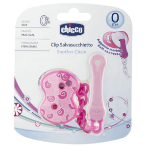 attache sucette chicco avec cha nette rose