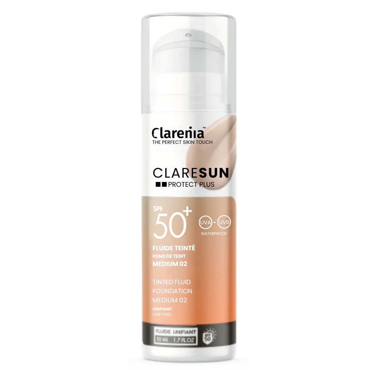CLARENIA CLARESUN FOND DE TEINT 02 MEDIUM SPF50+ WATERPROOF 50ML 1 clarenia claresun fond de teint medium spf waterproof ml