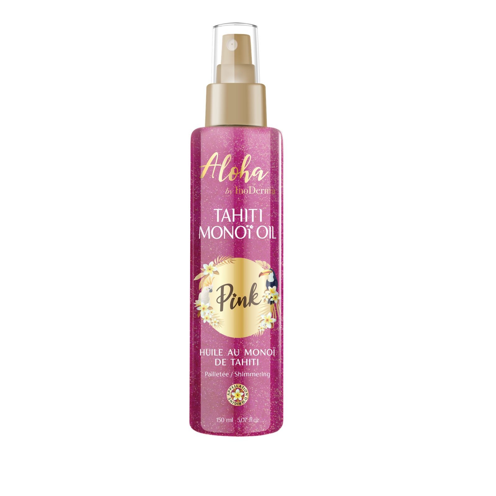 INODERMA ALOHA HUILE AU MONOÏ DE TAHITI PAILLETEE PINK SPRAY 150ML 1 inoderma aloha huile au monoi de tahiti pailletee pink spray ml