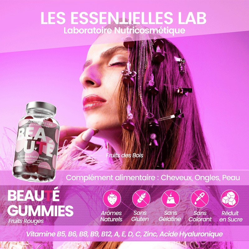 LES ESSENTIELLES LAB BEAUTE GUMMIES FRUITS ROUGES BT/60 3 les essentielles lab beaute gummies fruits rouges bt