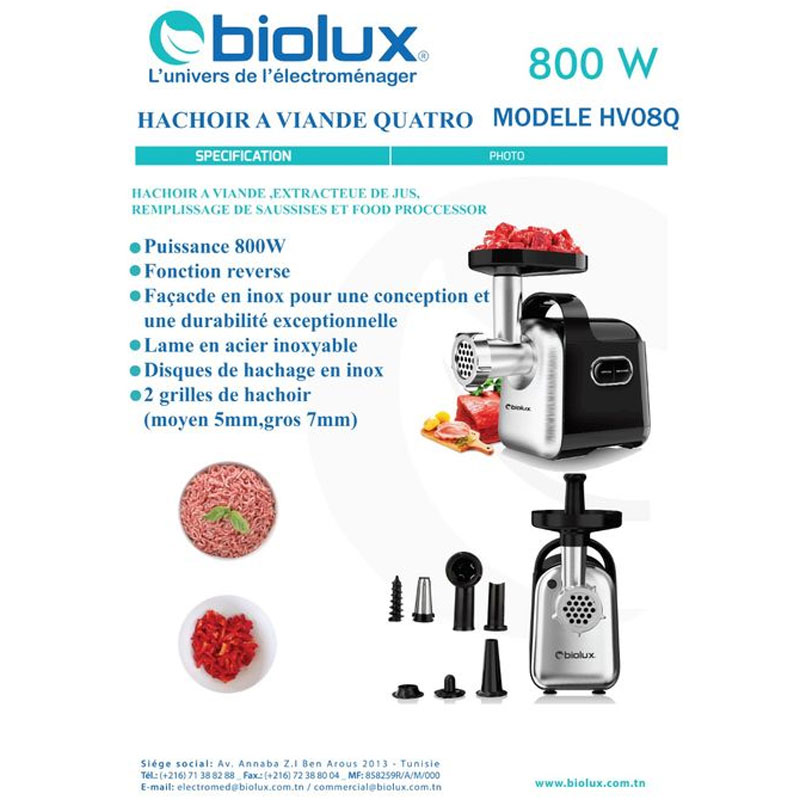 Hachoir A Viande BIOLUX M-HV08Q 800W - Noir 2 m hvq
