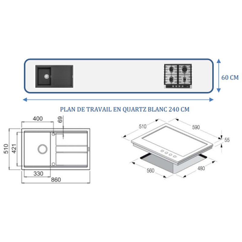 Meuble De Cuisine LOFT 7 Éléments Avec Plan De Travail - Blanc/Chéne 3 meuble de cuisine loft l ments avec plan de travail blanc ch ne