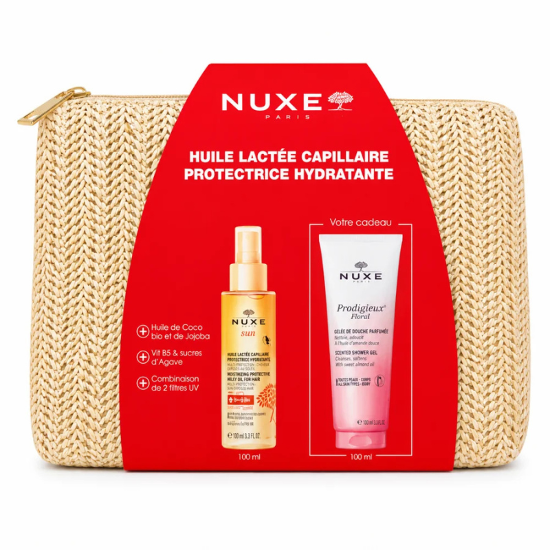 NUXE HUILE LACTEE CAPILLAIRE PROTECTRICE HYDRATANTE+GELLEE DE DOUCHE 100ML (OFFERT)+TROUSSE (OFFERT) 1 nuxe huile lactee capillaire protectrice hydratantegellee de douche ml offerttrousse offert