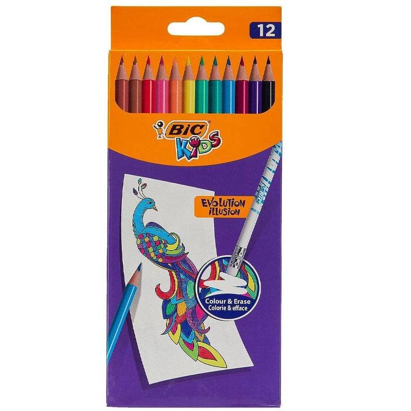 Pack de 12 Crayons Couleurs BIC Kids Evolution Illusion Avec Gomme 2 pack de crayons couleurs bic kids evolution illusion avec gomme