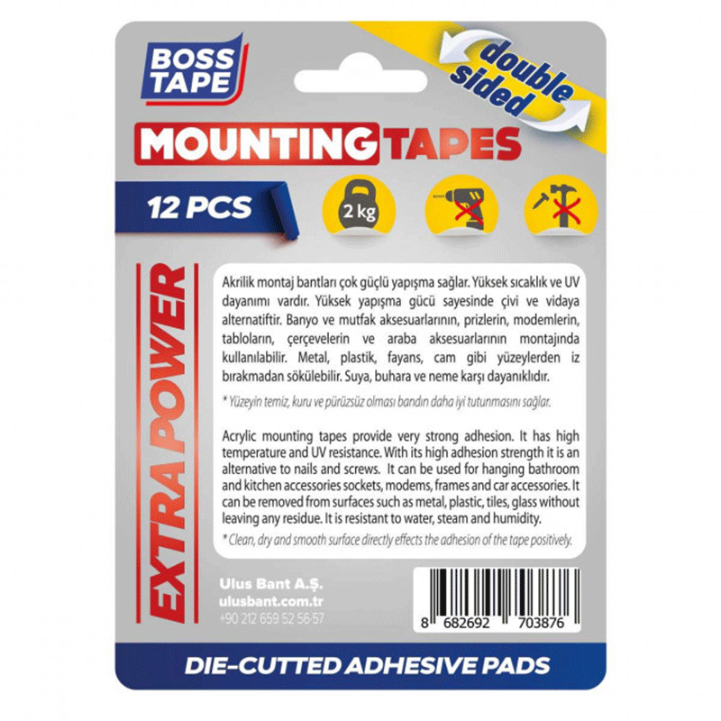 Pack de 12 Rubans de montage BOSS TAPE double face en acrylique 25x30mm 2 pack de rubans de montage boss tape double face en acrylique xmm