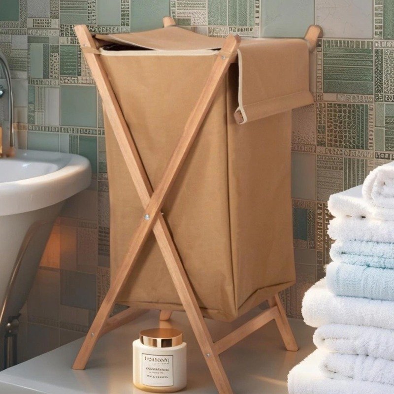 Panier à Linge Pliable en Bois Grand Modèle - Beige 2 panier a linge pliable en bois grand modele beige