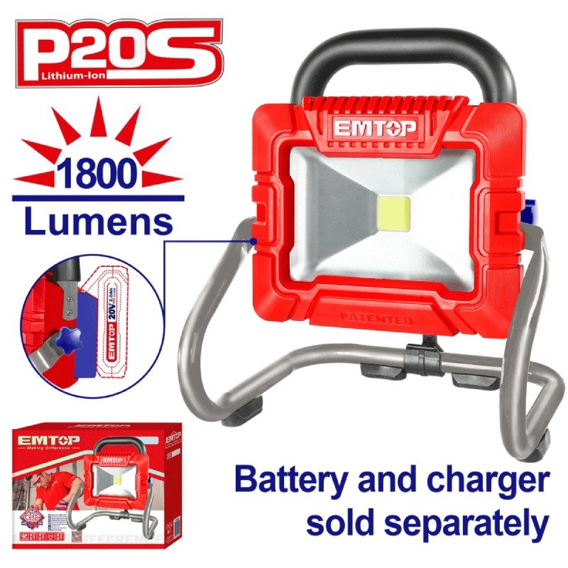 Projecteur Sans Fil EMTOP LWL2025 20V 1800 LUMENS 1 projecteur led sans fil emtop lwl v lumens