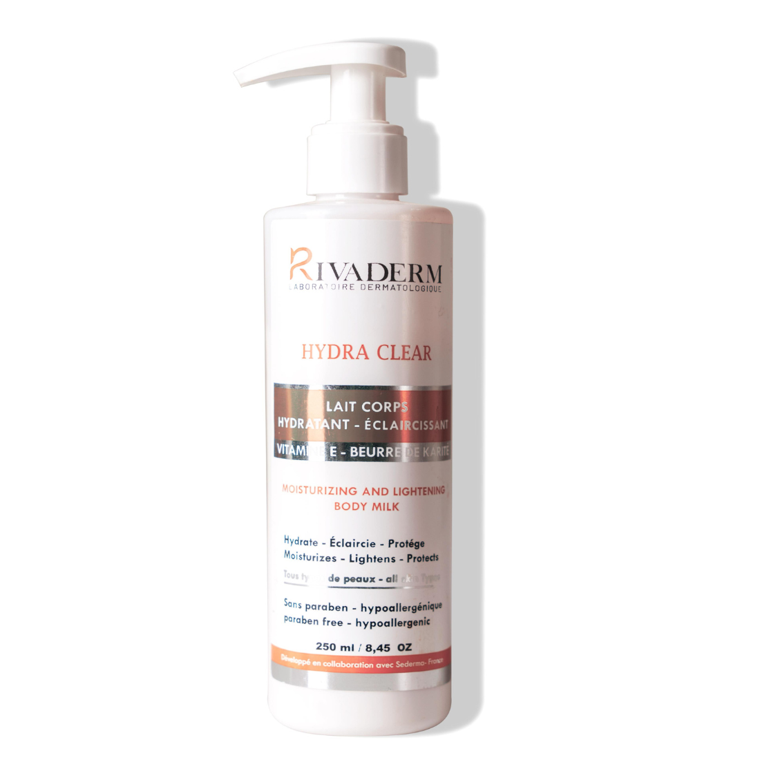 RIVADERM HYDRA CLEAR LAIT DE CORPS HYDRATANT ET ÉCLAIRCISSANT 250ML 1 rivaderm hydra clear lait de corps hydratant et eclaircissant ml