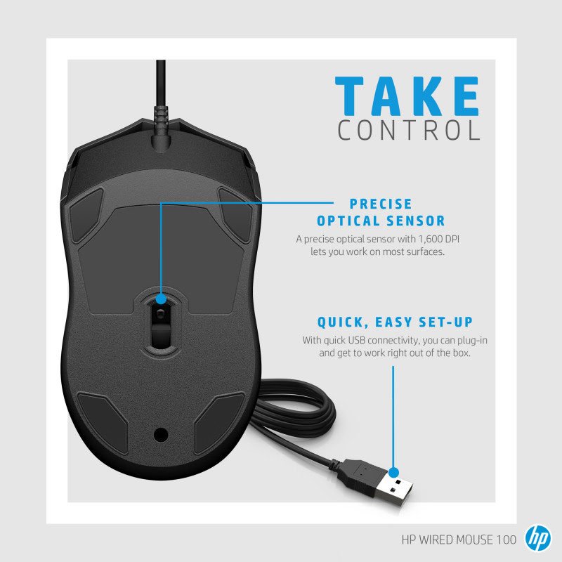 Souris Filaire Optique HP 100 USB - Noir (6VY96AA) 5 souris filaire optique hp usb noir vyaa