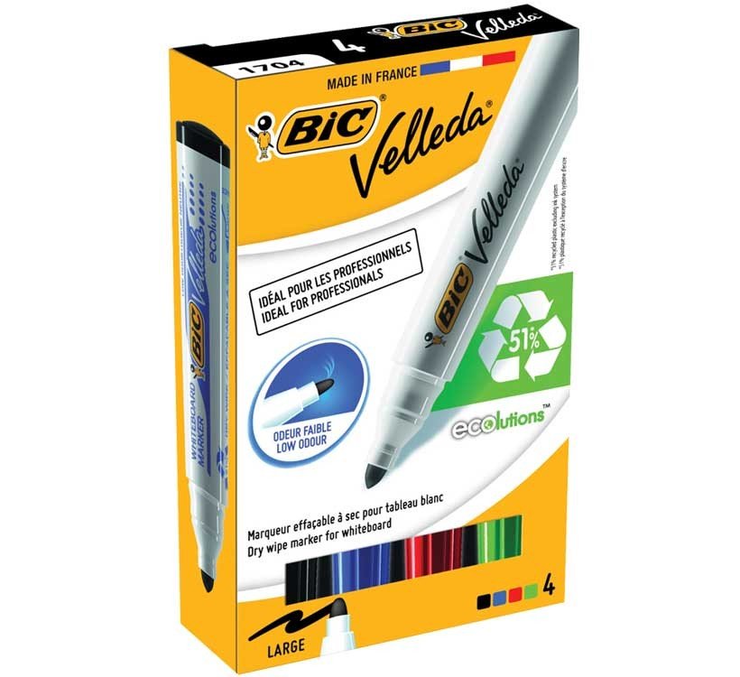 Pack de 4 Marqueurs Pour Tableau Blanc BIC Velleda Ecolutions 1701 3 suj