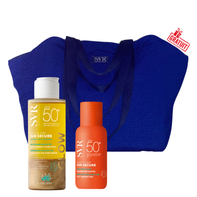 SVR SUN SECURE AQUA FLUIDE SPF 50+ 50ML+SUN SECURE EAU SOLAIRE GLOW SPF50+ 100ML+SAC DE PLAGE EN BLEU (OFFERT) 1 svr sun secure aqua fluide spf mlsun secure eau solaire glow spf mlsac de plage en bleu offert