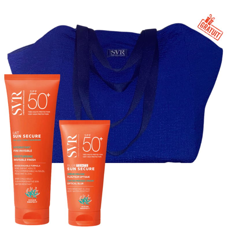 SVR SUN SECURE LAIT HYDRATANT INVISIBLE SPF50+ 250ML+SUN SECURE BLUR TEINTE SPF50+ 50ML+SAC DE PLAGE EN BLEU (OFFERT) 1 svr sun secure lait hydratant invisible spf mlsun secure blur teinte spf mlsac de plage en bleu offert