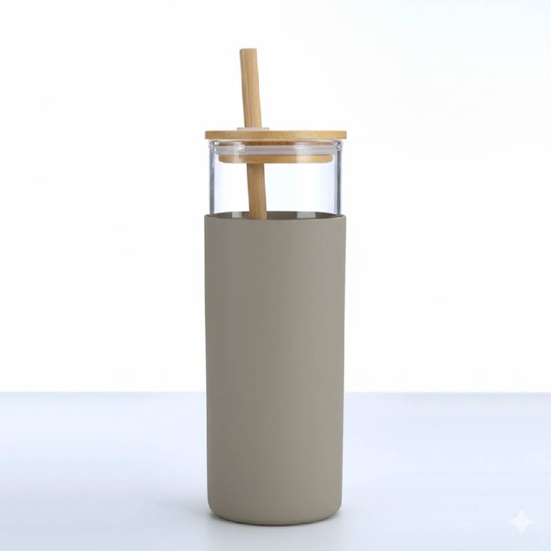 Tasse En Verre Avec Couvercle et Paille - GRIS 2 tasse en verre avec couvercle et paille gris