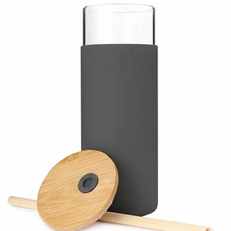 Tasse En Verre Avec Couvercle et Paille - Gris foncé 1 tasse en verre avec couvercle et paille gris fonce