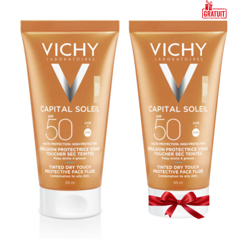 VICHY CAPITAL SOLEIL EMULSION TOUCHER SEC TEINTEE SPF50 50ML+(LE 2 EME OFFERT) 1 vichy capital soleil emulsion toucher sec teintee spf mlle eme offert